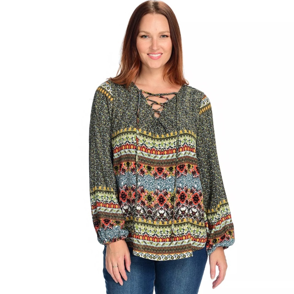 Farmers Market by One World Teal Woven Mixed Print Lace-up Neck Blouse‎